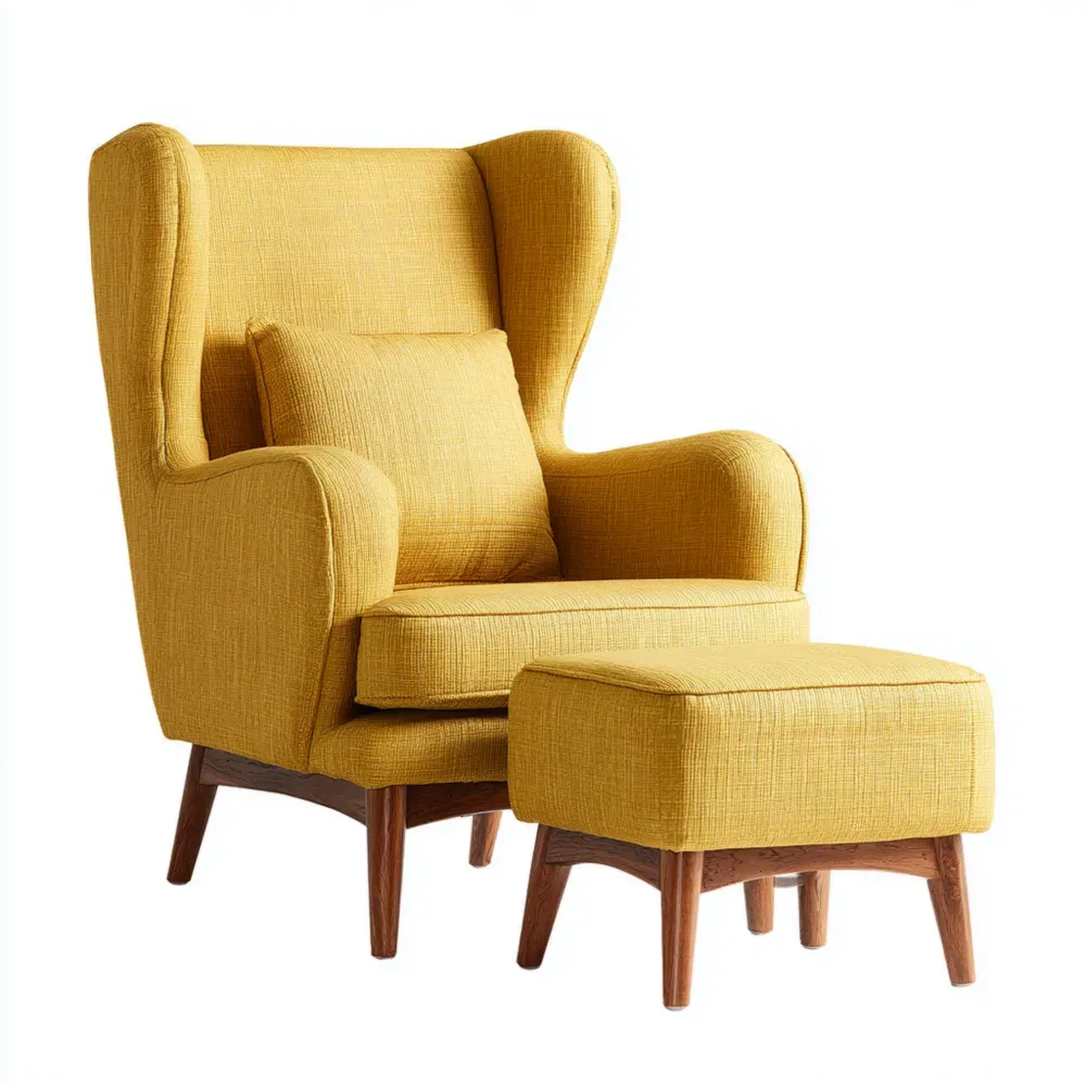 Fauteuil en Tissu avec Repose-pied en Bois – Jaune