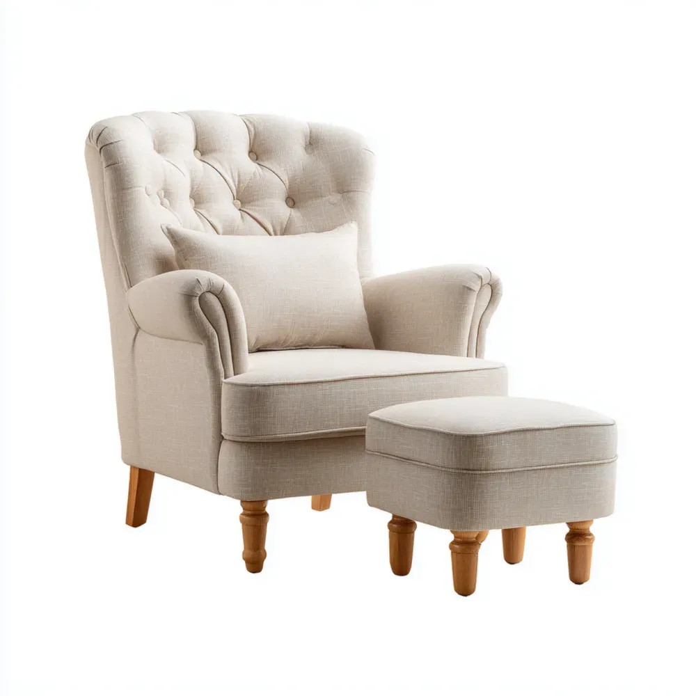 Fauteuil et Repose-pieds en Tissu Beige et Bois de Hêtre