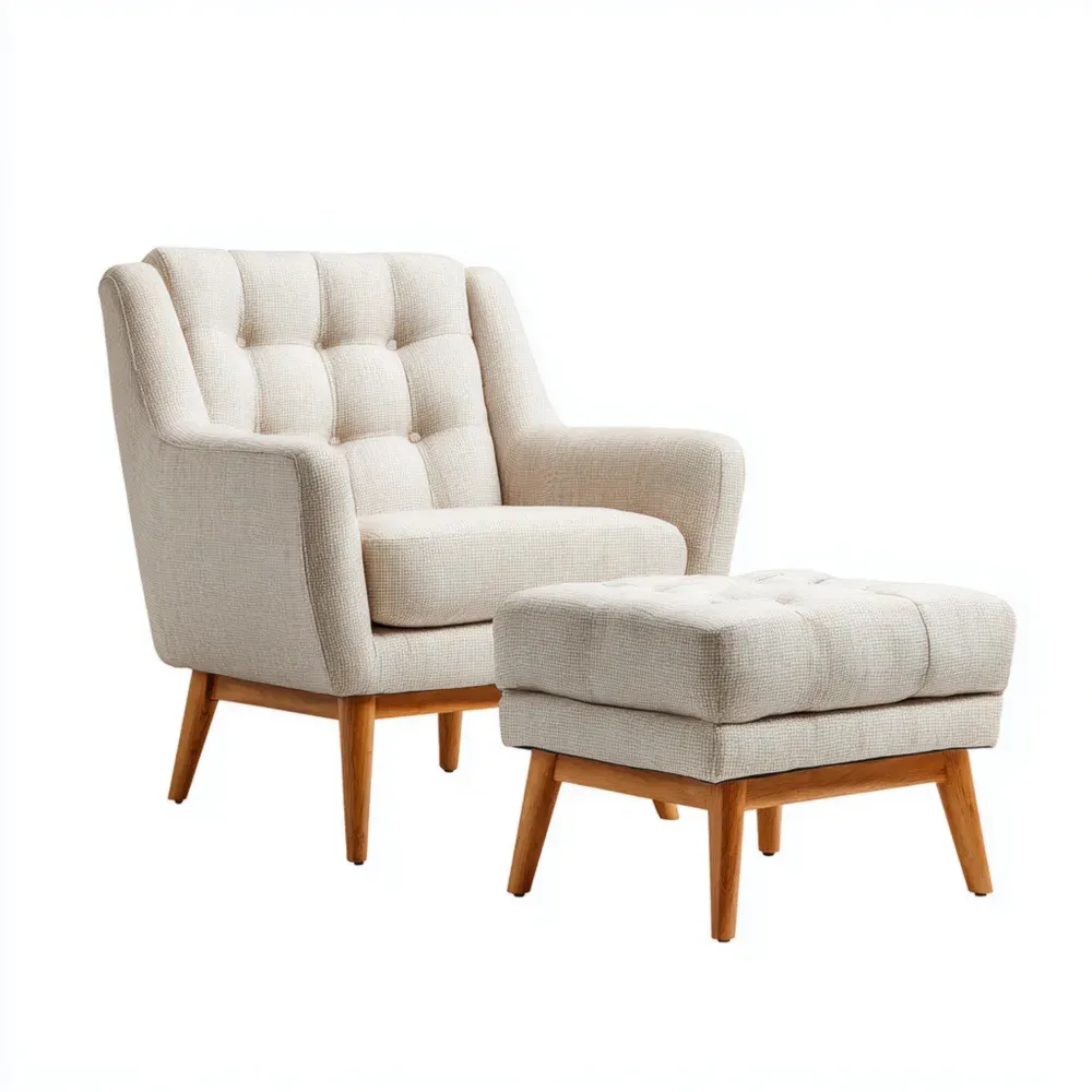 Fauteuil et Repose-pieds en Bois et Tissu Beige