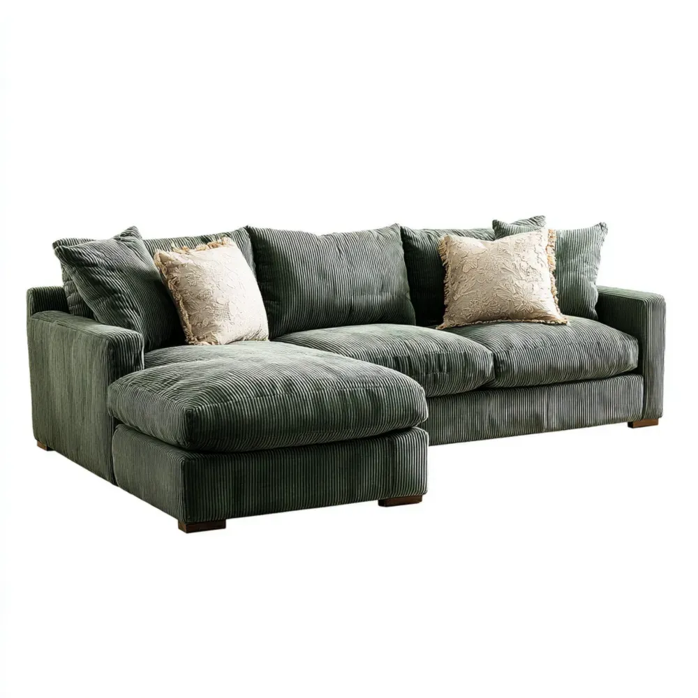 Canapé d'angle en velours côtelé avec coussins décoratifs - Vert