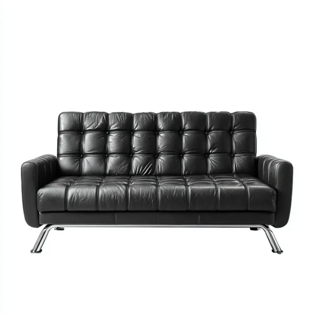 Canapé en Cuir 3 Places Noir avec Pieds en Métal Chromé