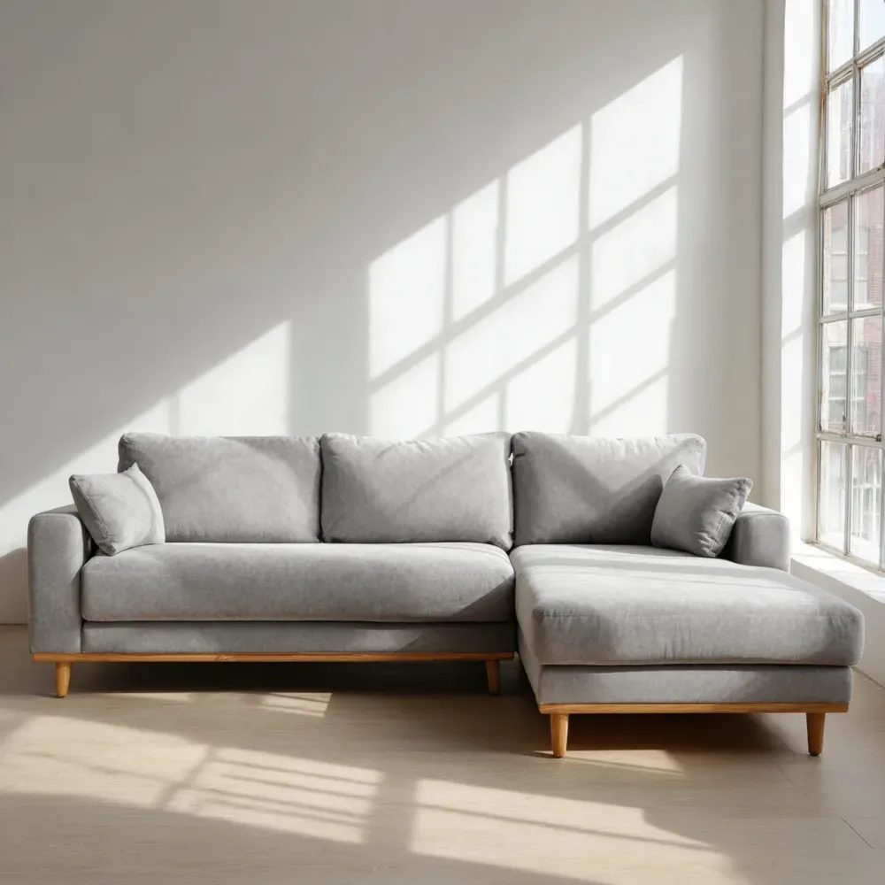 Canapé d'angle en bois et velours Gris Clair