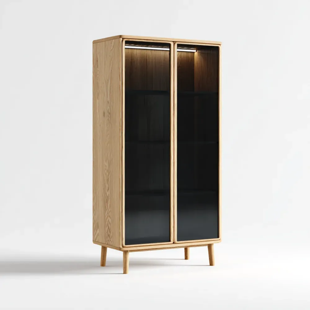 Armoire en bois avec portes en verre noir trempé