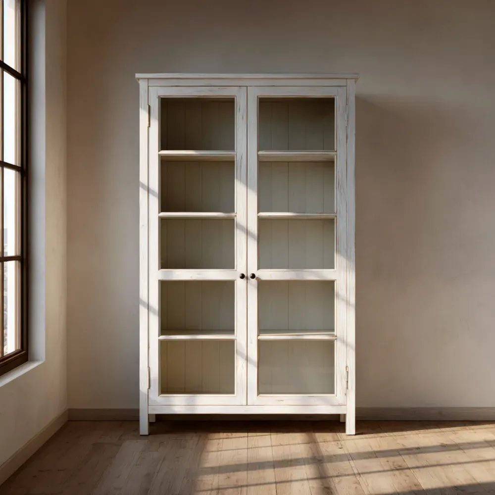 Bibliothèque en bois avec portes en verre trempé 180x90x40 cm – Blanc