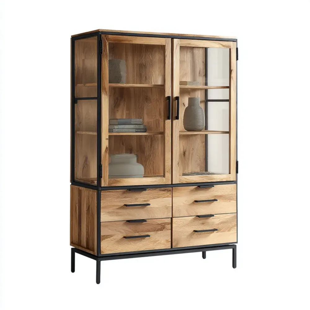 Vitrine en bois de chêne et métal avec portes en verre trempé