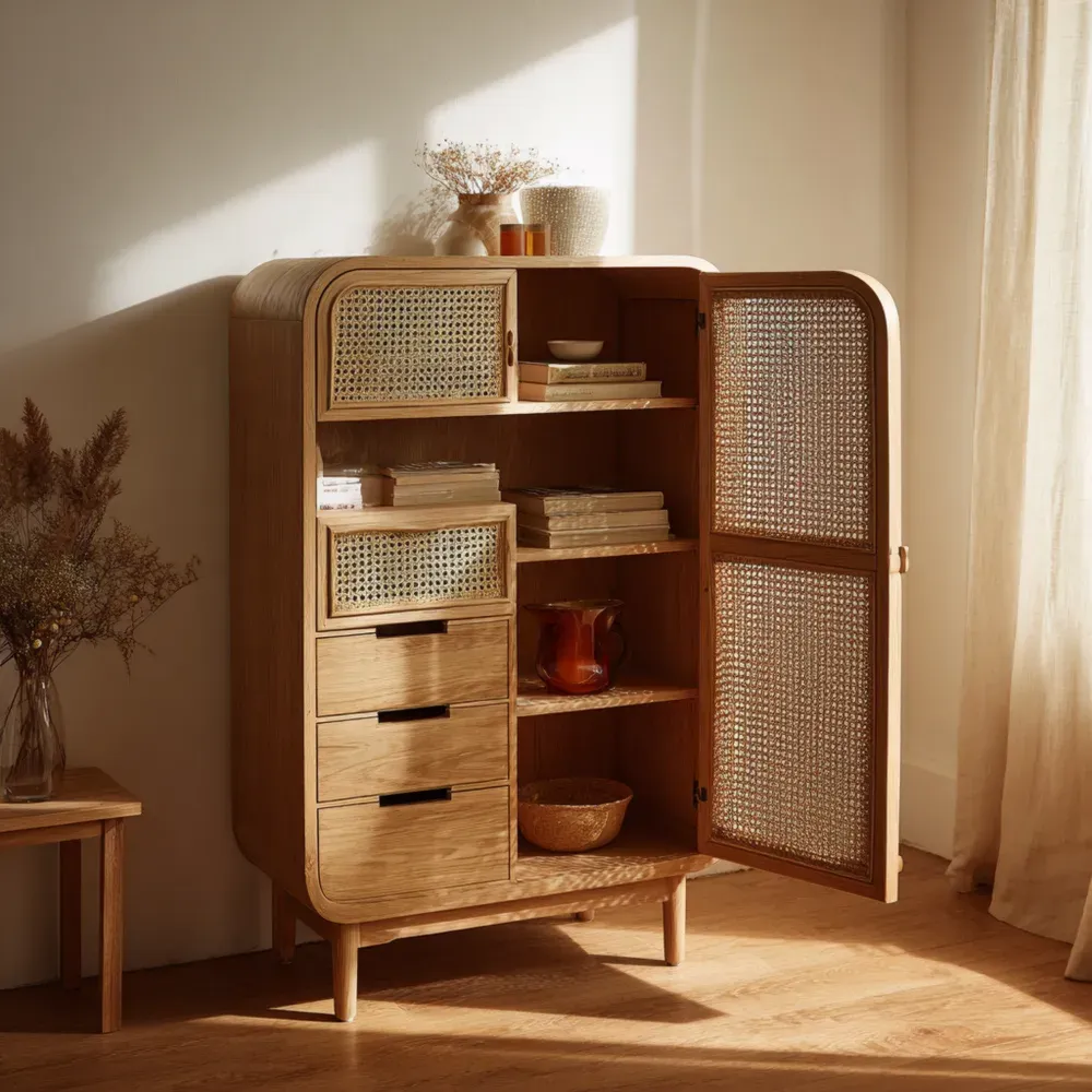 Armoire en bois et cannage 180x90x40 cm - Naturel
