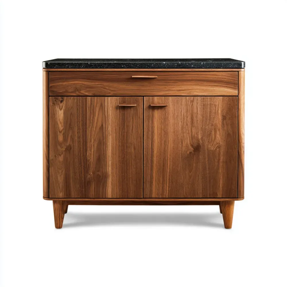 Buffet en bois de noyer avec dessus en marbre noir