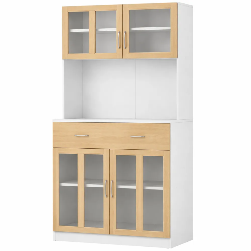 Mobile Cucina 180 cm con Vetro e Legno, Cassetti e Armadietti, Bianco