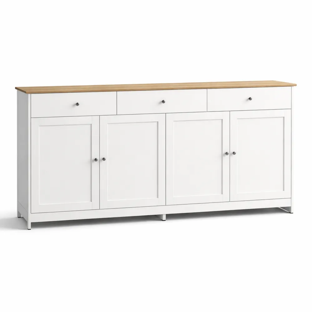 Mobile buffet con 4 ante e 3 cassetti, credenza multifunzionale per cucina e soggiorno, bianco, 160x37x75 cm