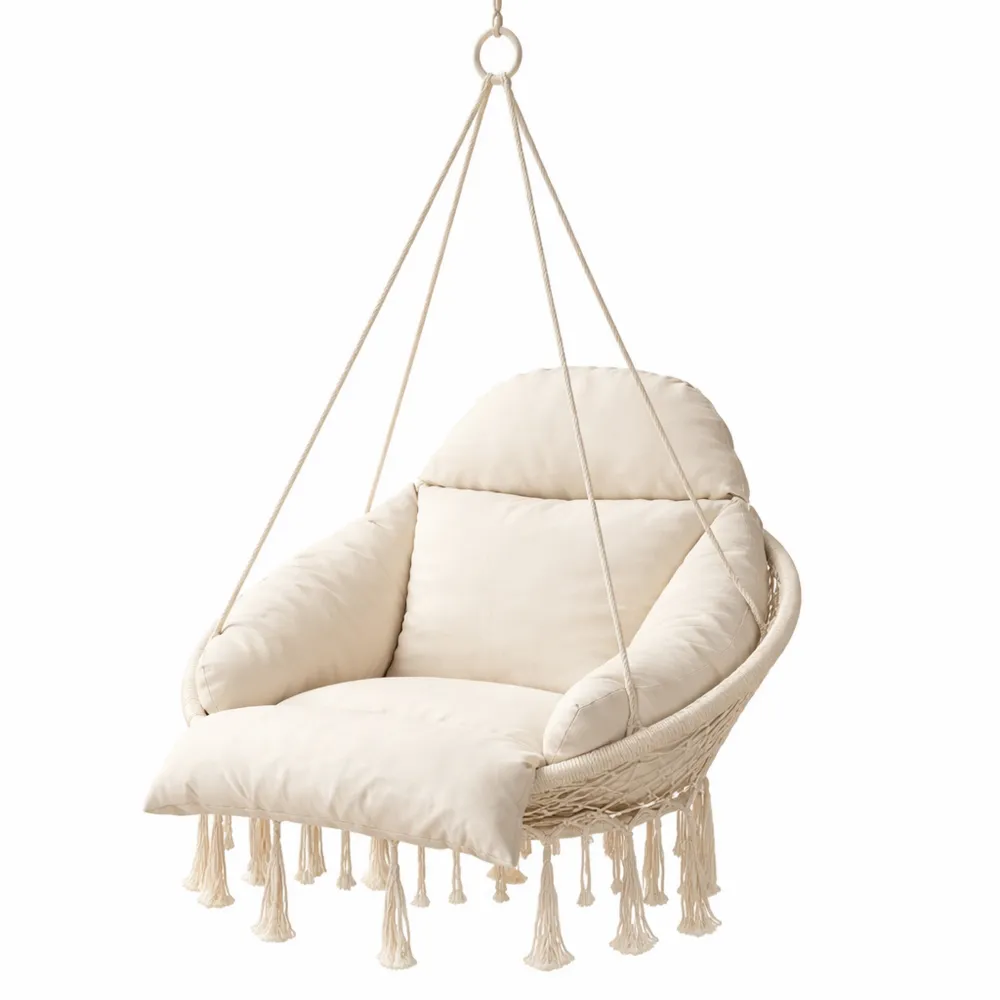 Sedia Altalena Sospesa Boho per Interni ed Esterni, Cuscino Imbottito, Portata 120 kg, Accessori Inclusi, Bianco Crema