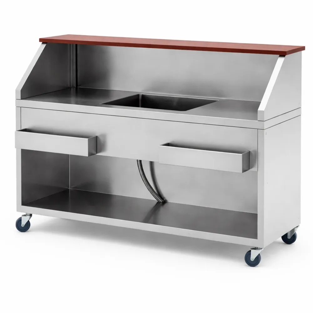 Banco mobile per cocktail con contenitore ghiaccio e portabottiglie, bancone effetto legno 150 cm per cocktail bar