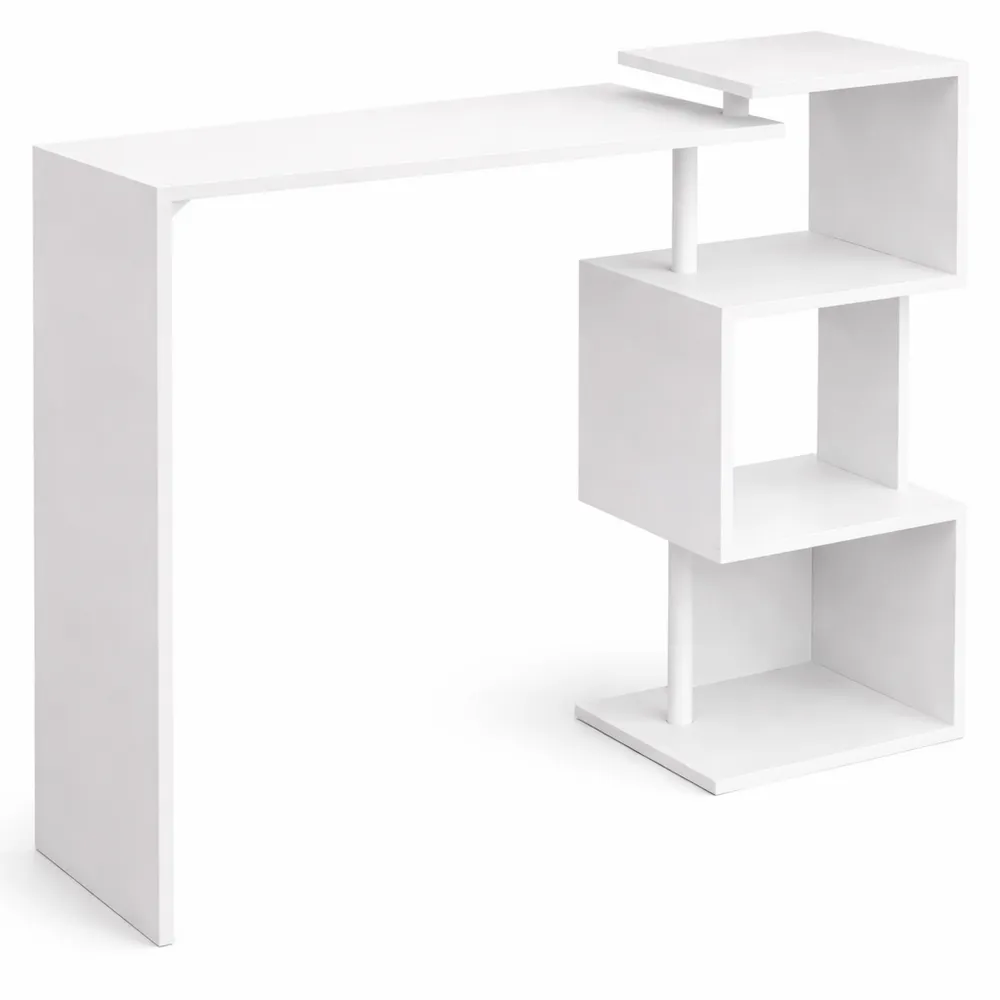 Tavolo da Bar Alto con Mensole Girevoli, Bancone in Metallo e Legno Bianco, con 3 Ripiani per Cucina