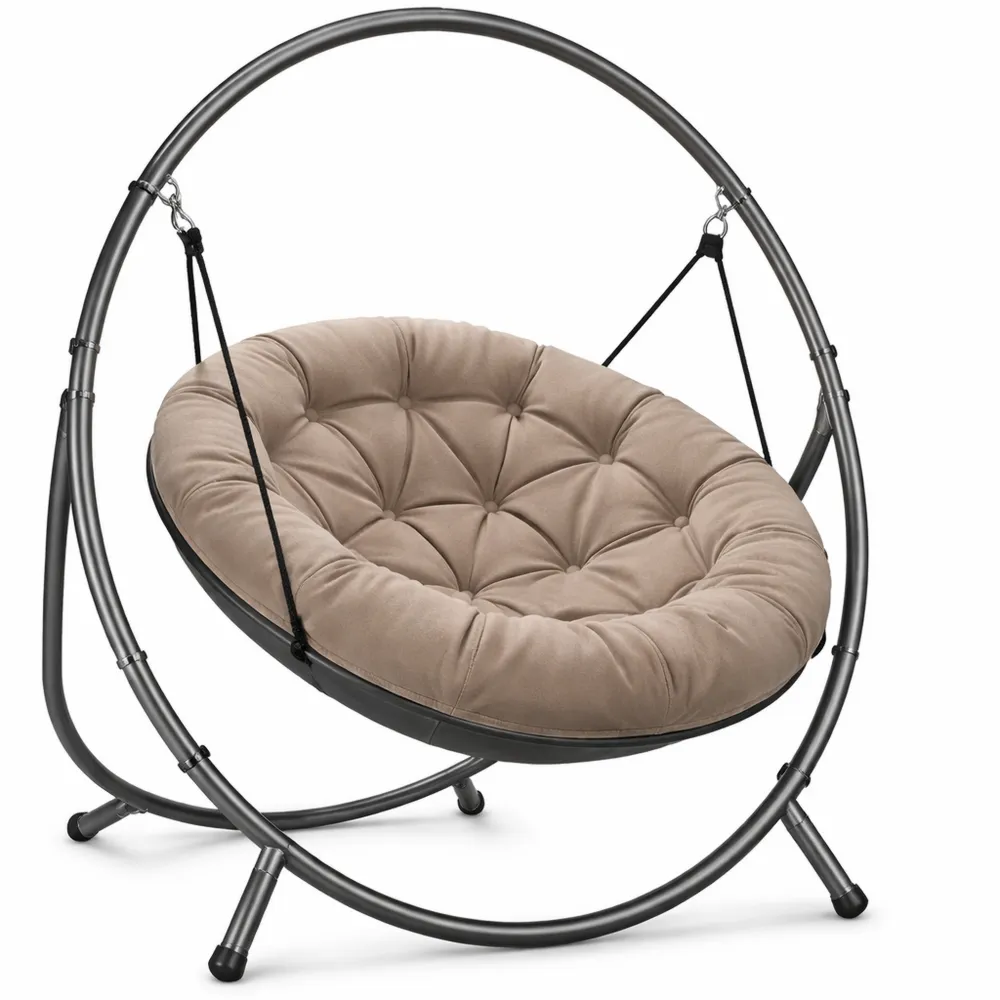 Poltrona sospesa per interni ed esterni con cuscino e tasca laterale, struttura in acciaio