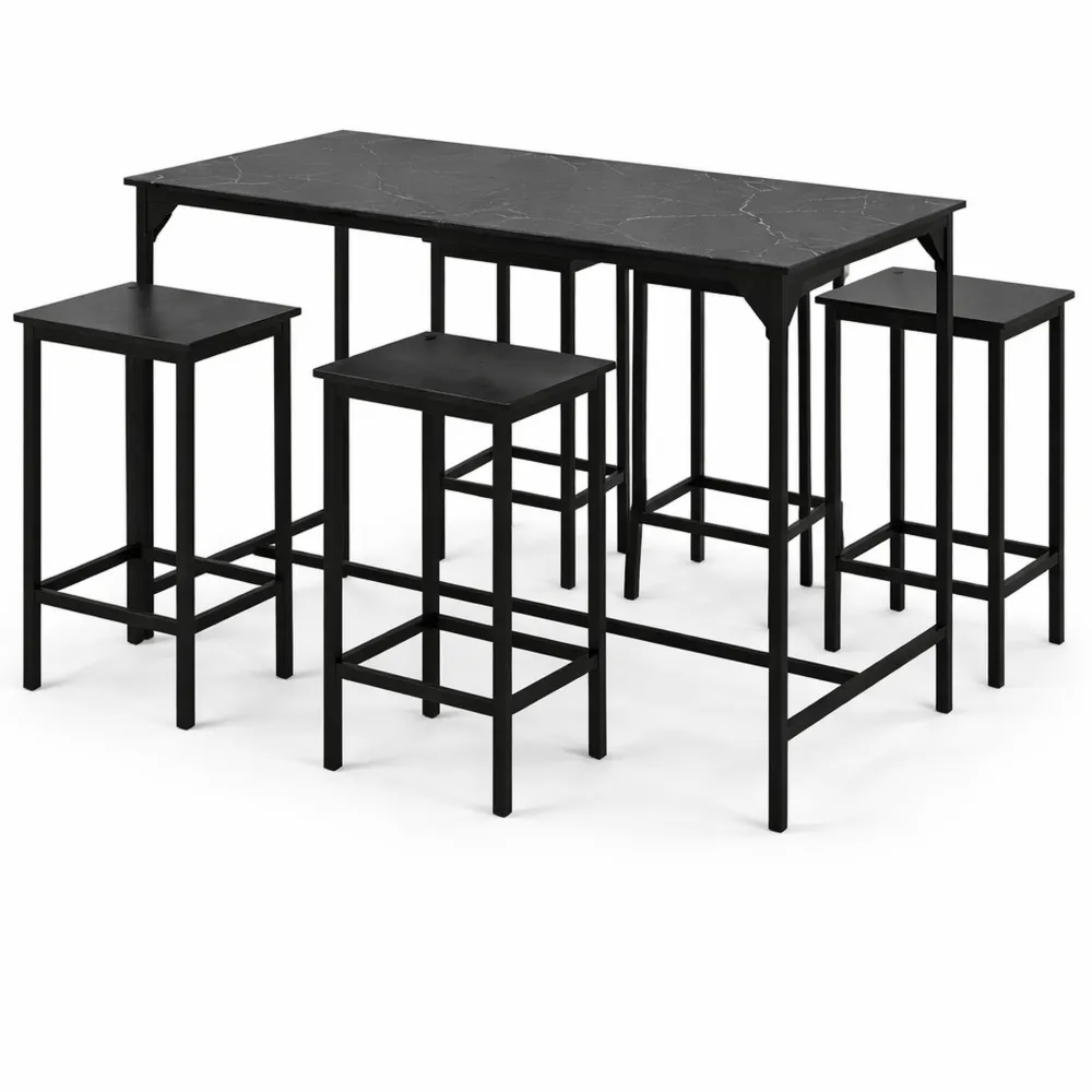 Set tavolo e 4 sgabelli da bar, per cucina e soggiorno, effetto marmo nero, dimensioni 100x60x90CM