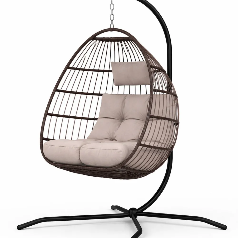 Poltrona Sospesa da Giardino con Cuscino e Poggiatesta, Struttura in Acciaio, Capacità 150kg, per Interno o Esterno, Grigio Chiaro