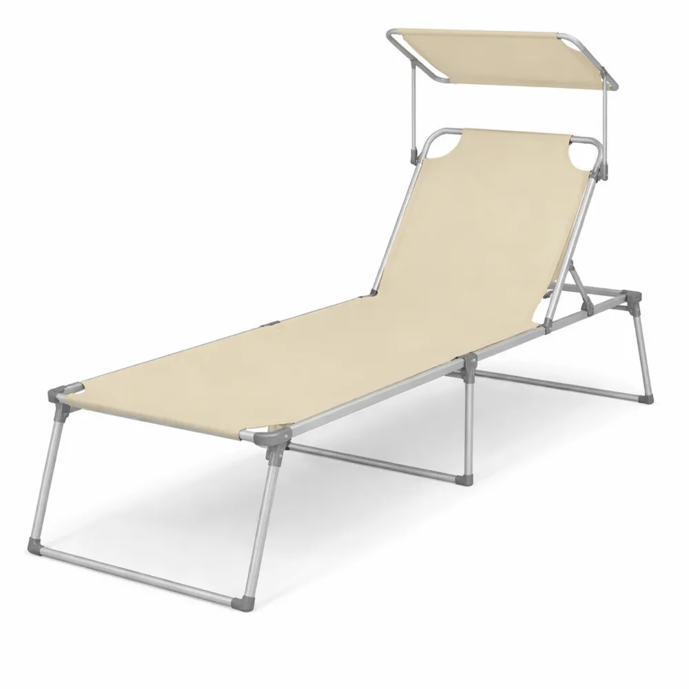 Lettino Prendisole Pieghevole con Parasole e Schienale Reclinabile, 65 x 200 x 48 cm, Portata 150 kg, Beige