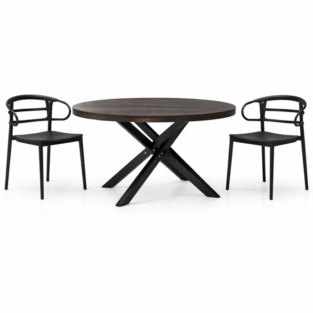 Tavolo Rotondo Allungabile in Noce Scuro con Gambe Incrociate Nere, 120-160 cm, per 4-6 Persone