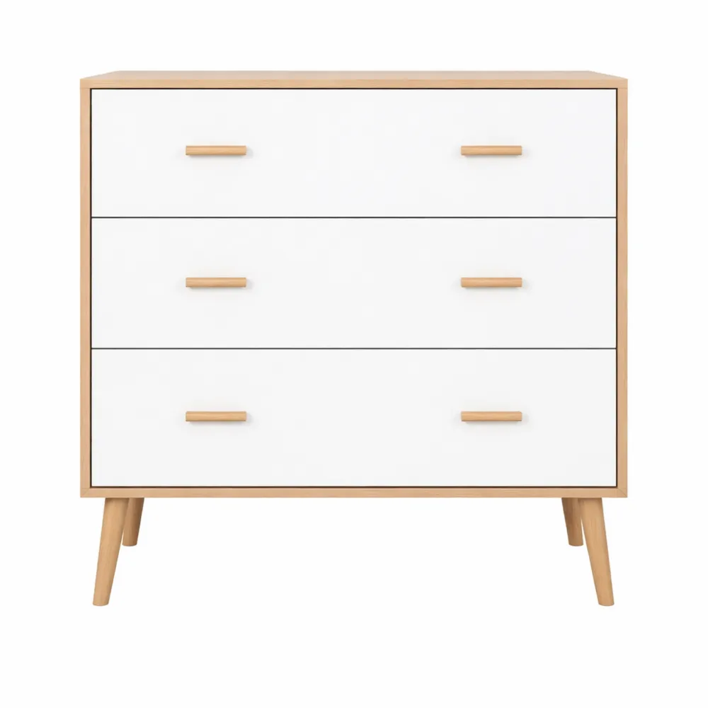 Cassettiera Moderna con 3 Cassetti Rialzati per Soggiorno e Camera, Legno Bianco e Naturale, 80x39x80 cm