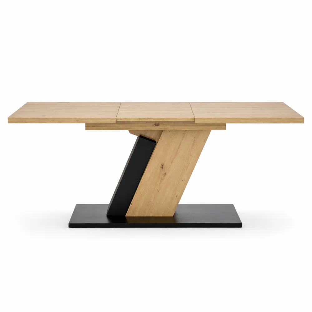 Tavolo da pranzo in legno di quercia con base nera e estensione sincronica