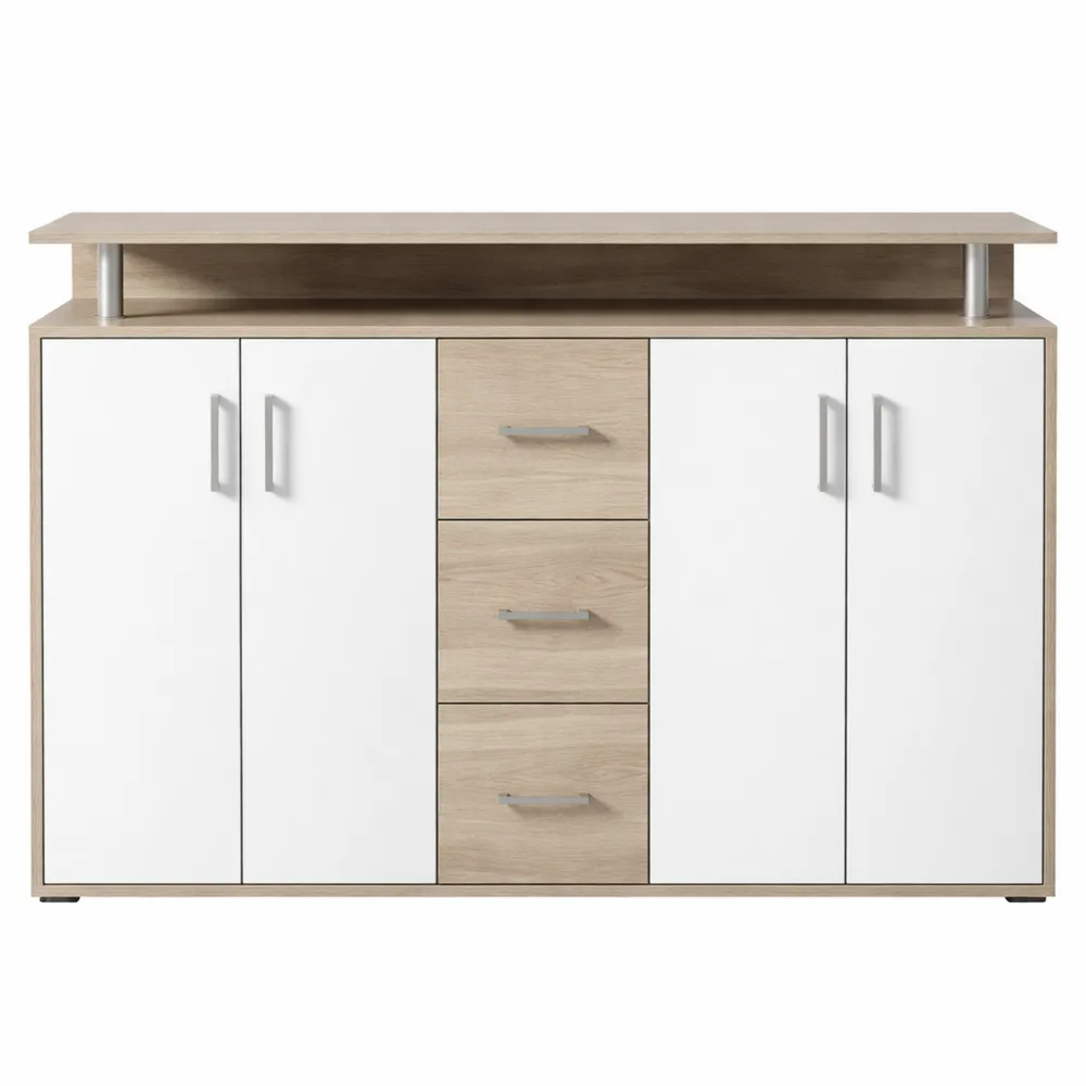 Cassettiera da ingresso con 4 ante e 3 cassetti in legno truciolare, disponibile in 5 colori, dimensioni 139x90x34 cm