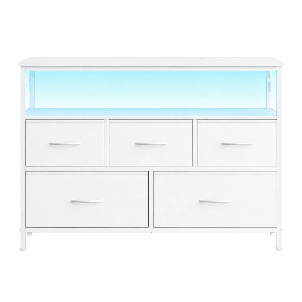 Cassettiera Moderna con LED e Prese, 5 Cassetti e 1 Ripiano, Bianco