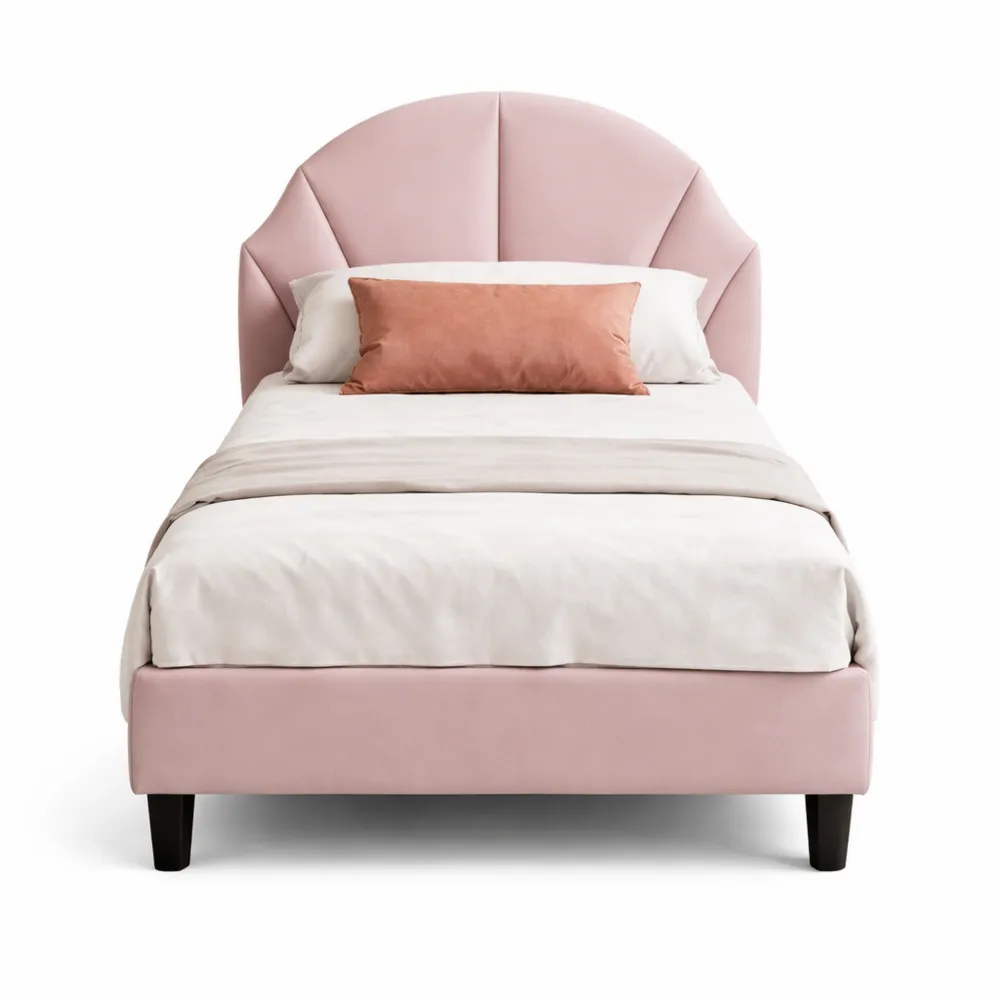 Lit Simple pour Enfant 90x200 cm avec Sommier et Tête de Lit en Velours Rose-Nestglanzs