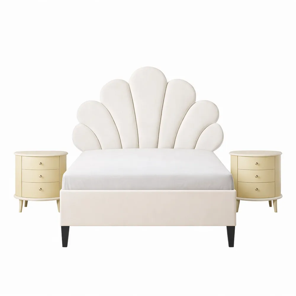 Lit Simple 90x200 cm avec Tête en Pétale en Velours Beige-Nestglanzs