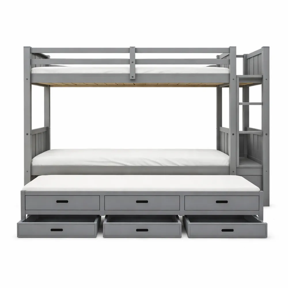 Lit superposé extensible pour enfants 90x200 avec protection antichute, cadre en pin et MDF avec échelle et 3 tiroirs, gris-Nestglanzs