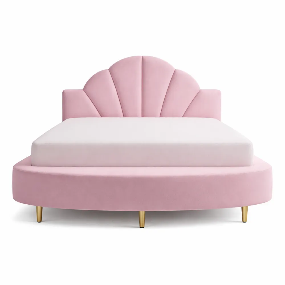 Lit Double Enfant 140x200cm avec Tête Coquillage en Velours Rose-Nestglanzs