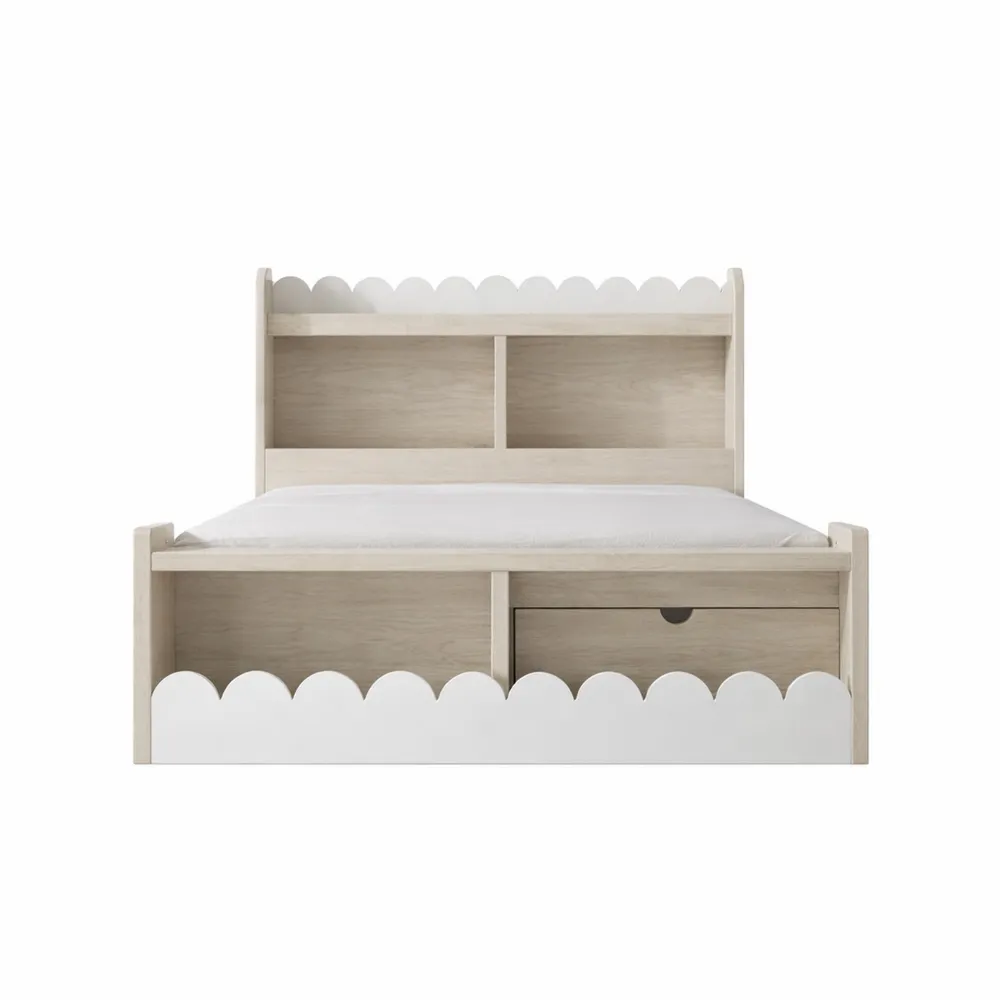 Lit enfant avec tiroirs et étagères, banc de rangement, cadre en bois 90x200 cm-Nestglanzs