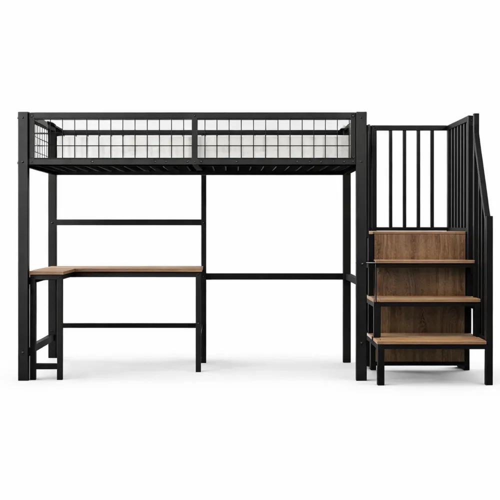 Lit mezzanine enfant 90x200 avec bureau intégré et étagères-Nestglanzs