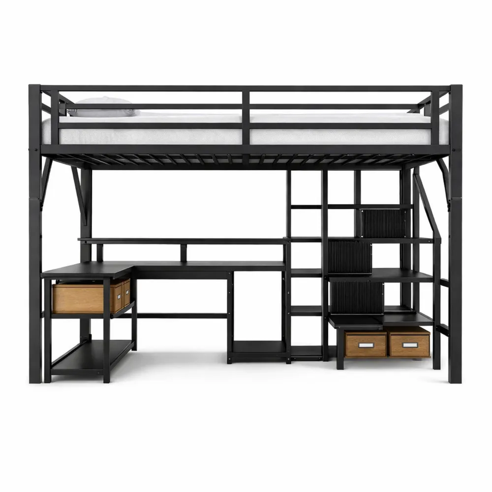 Lit mezzanine enfant avec LED et espace de rangement, noir-Nestglanzs