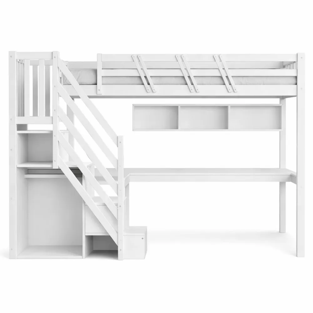 Lit en bois massif avec bureau intégré et éclairage LED-Nestglanzs