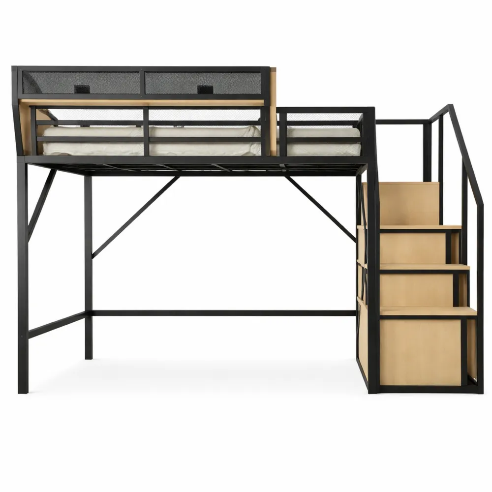 Lit Mezzanine en Métal 140x200 cm avec Échelle et Étagère Amovible, Noir-Nestglanzs