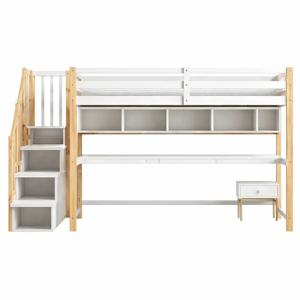 Lit mezzanine 90x200 cm avec espace bureau et rangement-Nestglanzs