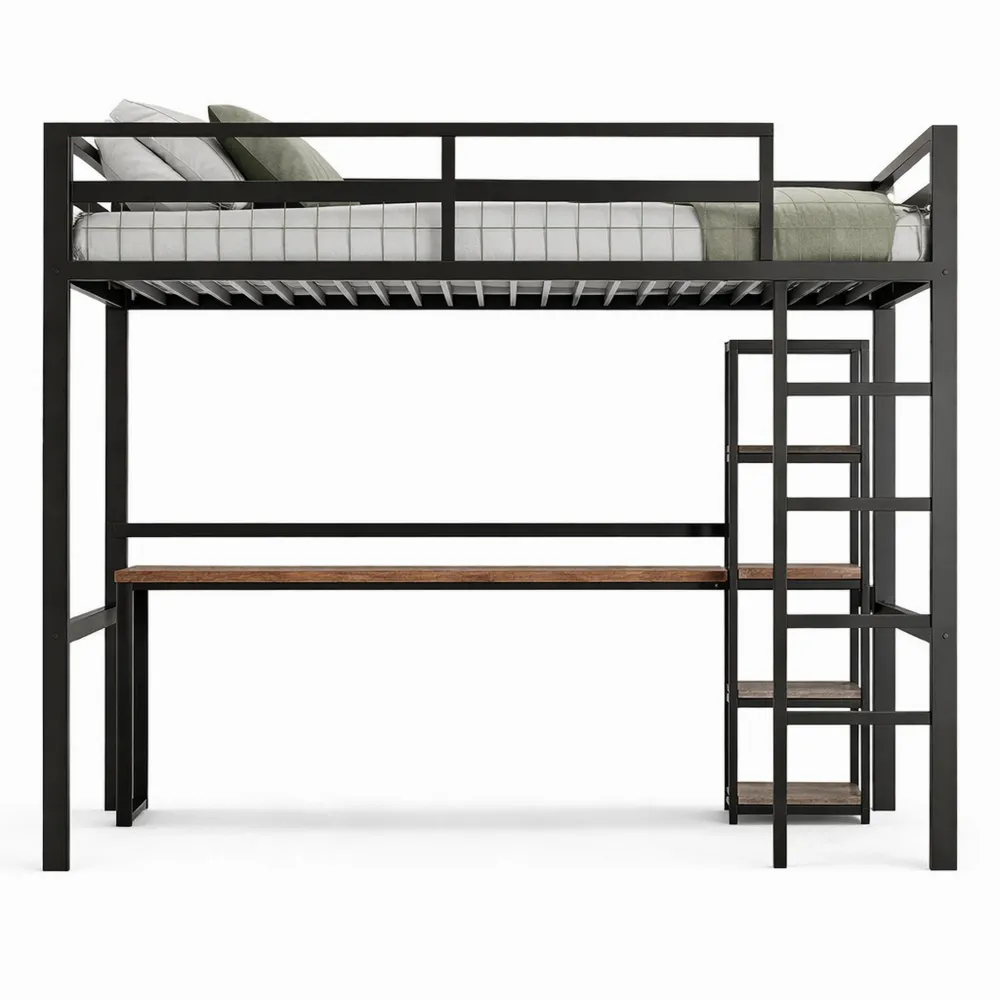 Lit mezzanine en métal avec bureau et étagères intégrés, prises électriques USB et Type-C, 140 x 200 cm-Nestglanzs
