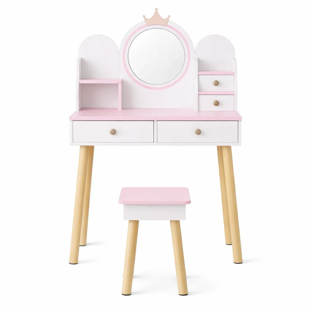 Table de Maquillage Enfant avec Miroir et Tabouret, Ensemble de Coiffure avec 4 Tiroirs et Crochets à Bijoux, pour 4-9 Ans-Nestglanzs