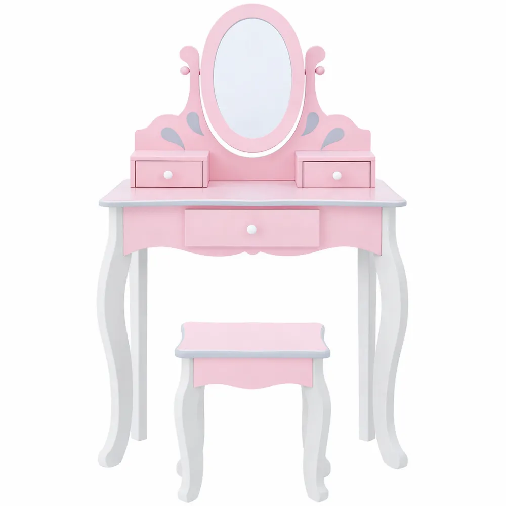 Coiffeuse Enfant en Bois avec Miroir et Tabouret Rose-Nestglanzs