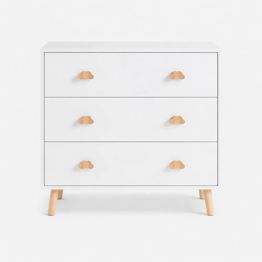 Commode Enfant 3 Tiroirs Bois Blanc avec Motif Nuage-Nestglanzs