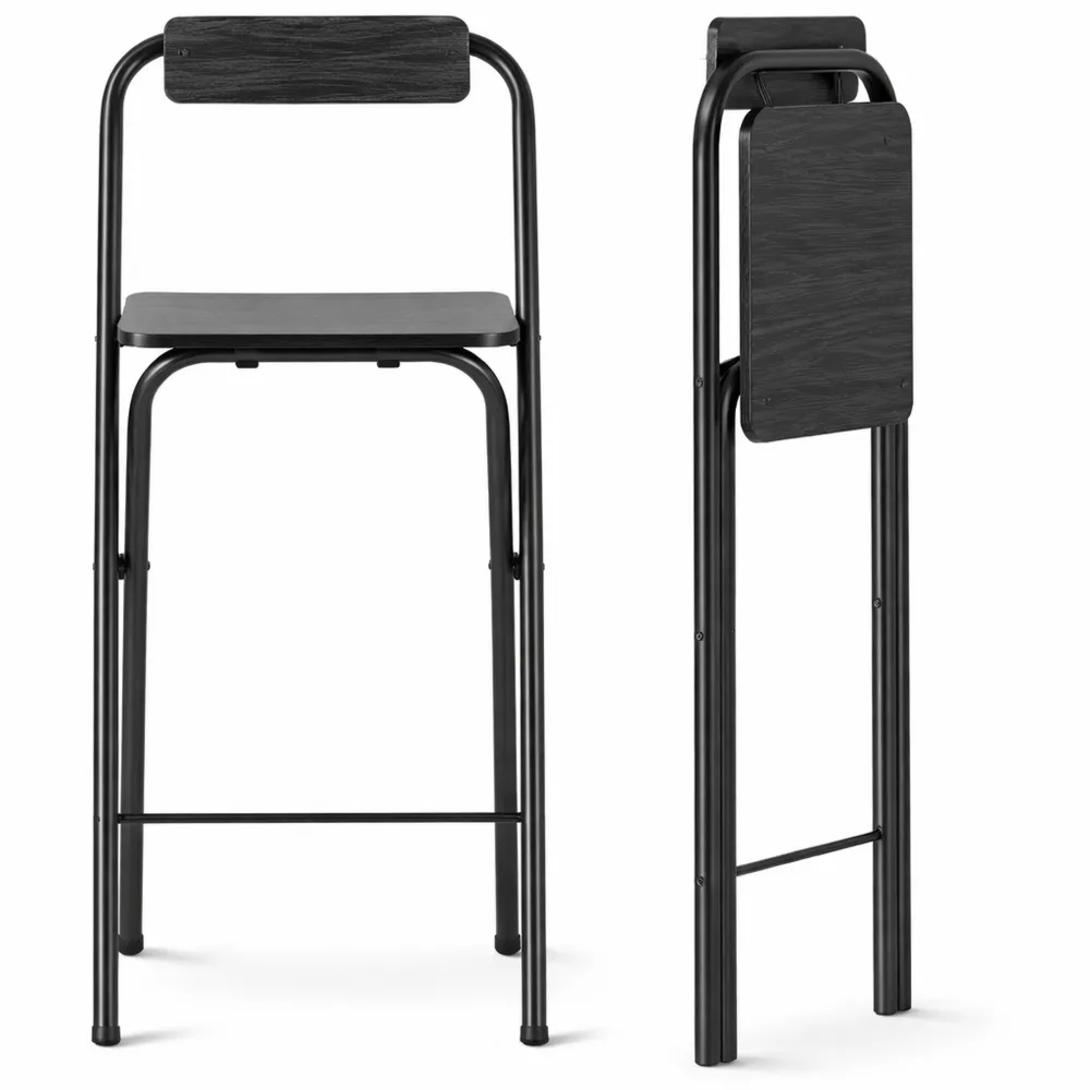 Paire de tabourets de bar pliables avec dossier et repose-pieds, structure en acier, 87 cm, noir-Heimnestls