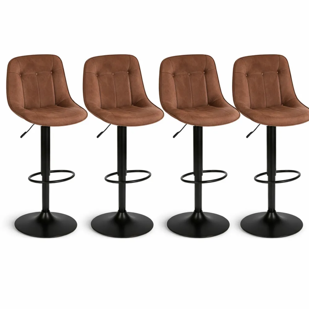 Lot de 4 tabourets de bar en cuir marron style vintage-Heimnestls