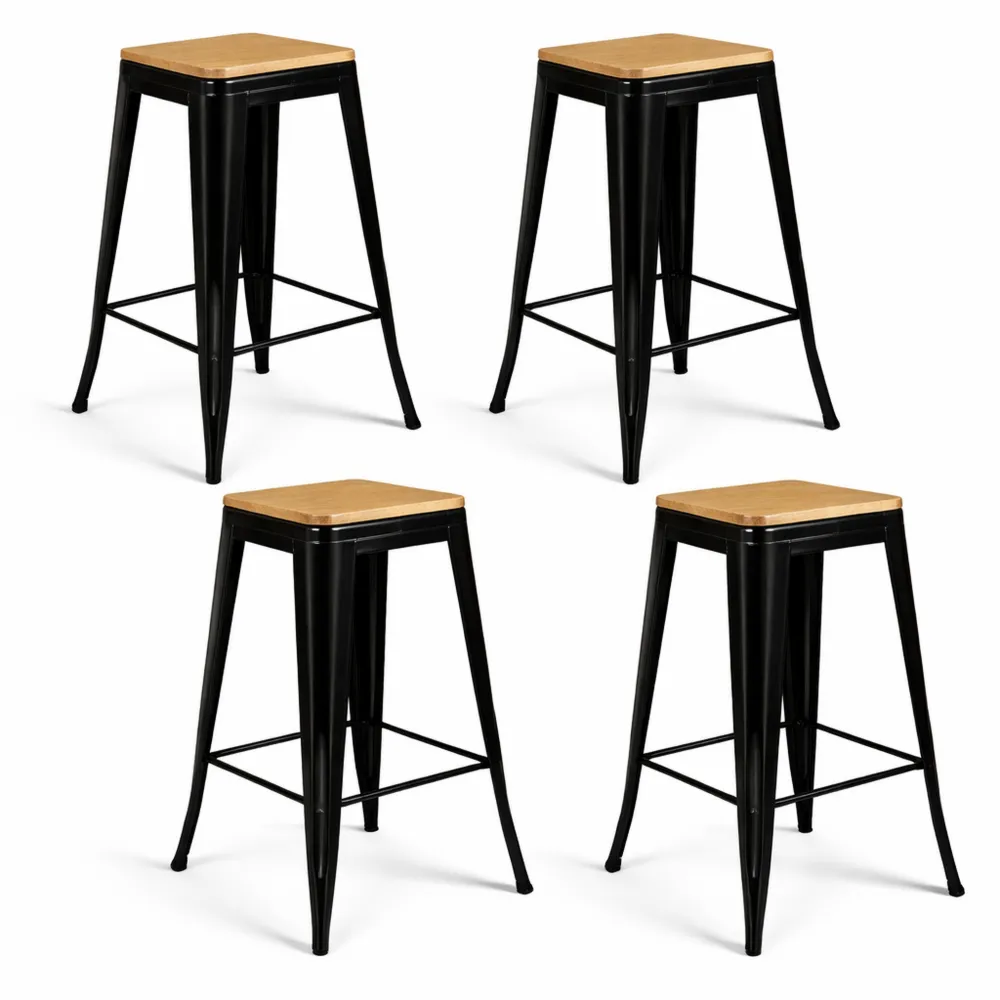Lot de 4 tabourets de bar empilables métal noir assise en bois-Heimnestls