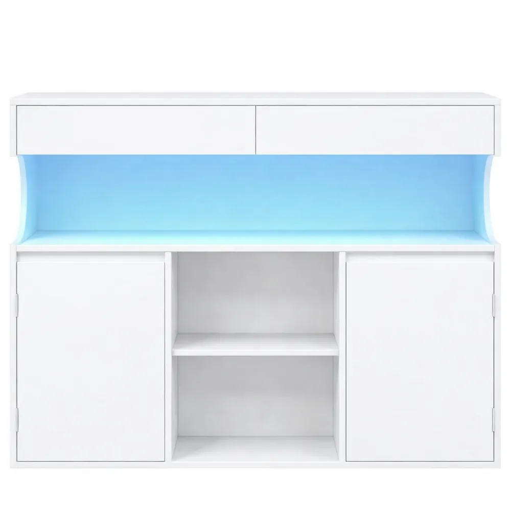 Buffet de Cuisine avec Éclairage LED et Multiprise, Rangement avec Tiroirs et Portes, Étagères Réglables, 35 x 100 x 85 cm, Blanc-Heimnestls