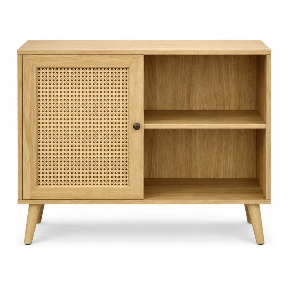 Buffet de Rangement avec Porte en Cannage et Finition Bois-Heimnestls