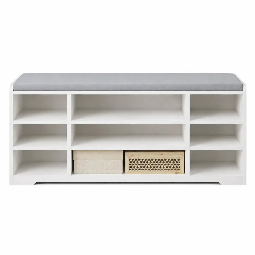 Banc de rangement pour chaussures avec assise rembourrée et 9 compartiments réglables, pour entrée et chambre, blanc-Heimnestls