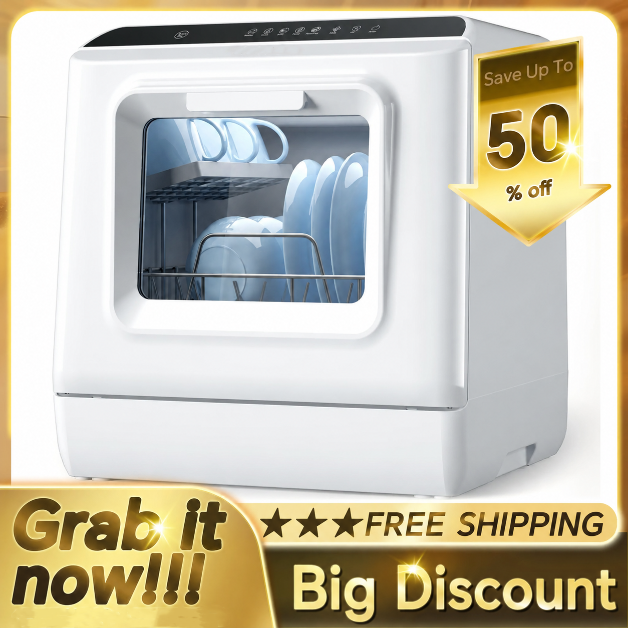ecozy Portable Dishwasher Countertop, Mini Dishwasher with a Built-in 5L Water Tank, No Hookup Needed, 6 Washing Programs, Extra Air Drying Function Household Appliances Kitchen Automatic Clean Durable Home