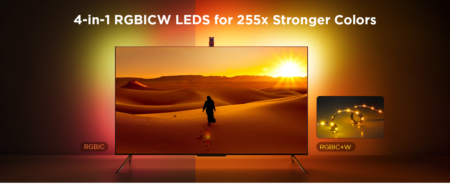 TV or monitor display featuring 4-in-1 RGBICW LEDs for enhanced color. Shows desert sunset scene and colorful lights, emphasizing stronger colors.