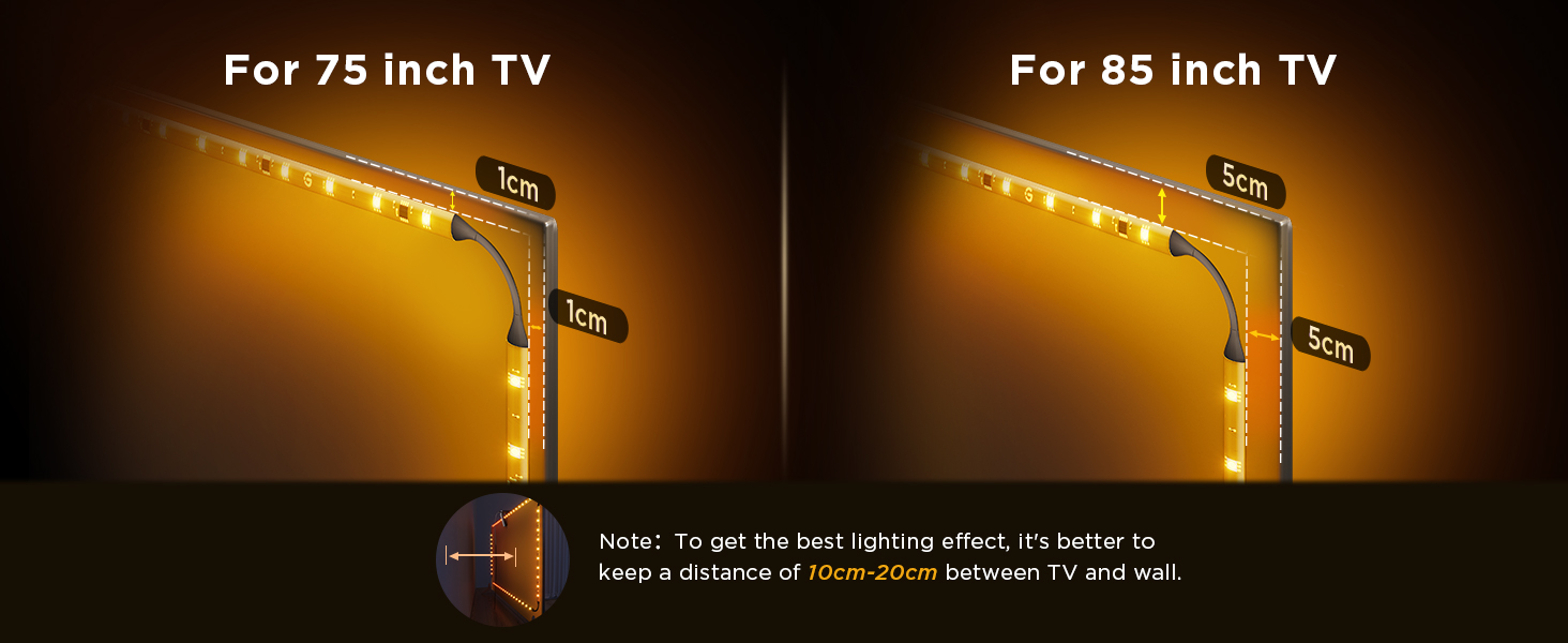 LED light strips for TV backlight. Two images showing installation on 75-inch and 85-inch TVs. Warm yellow glow emitted behind screens.