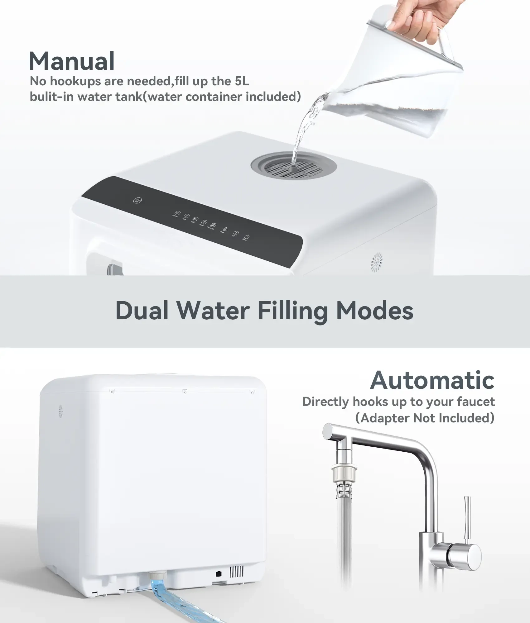 ecozy Portable Dishwasher Countertop, Mini Dishwasher with a Built-in 5L Water Tank, No Hookup Needed, 6 Washing Programs, Extra Air Drying Function Household Appliances Kitchen Automatic Clean Durable Home