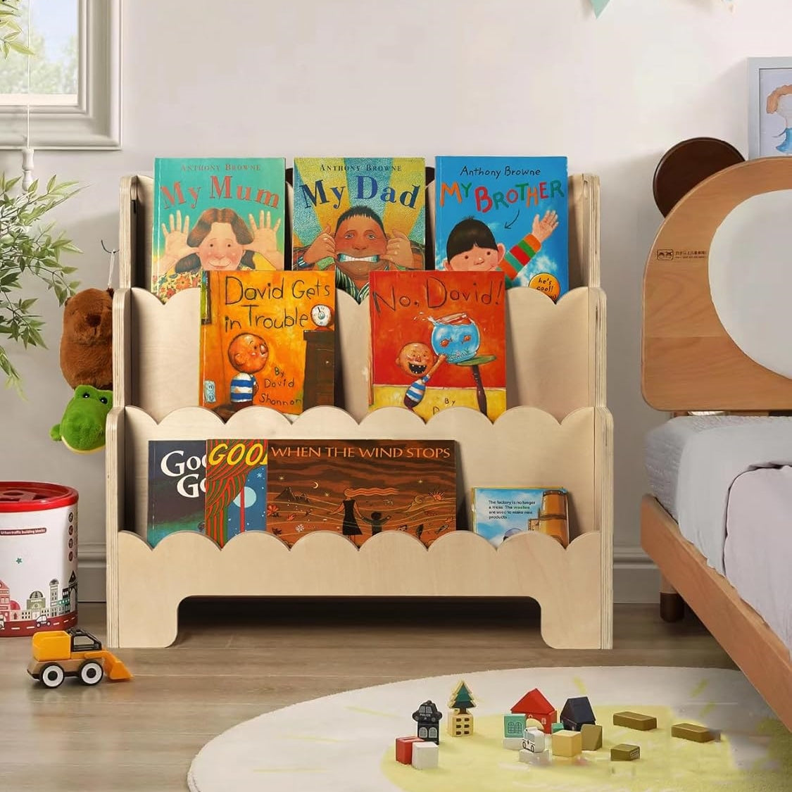 Children's wooden 3-tier fan-shaped bookshelf